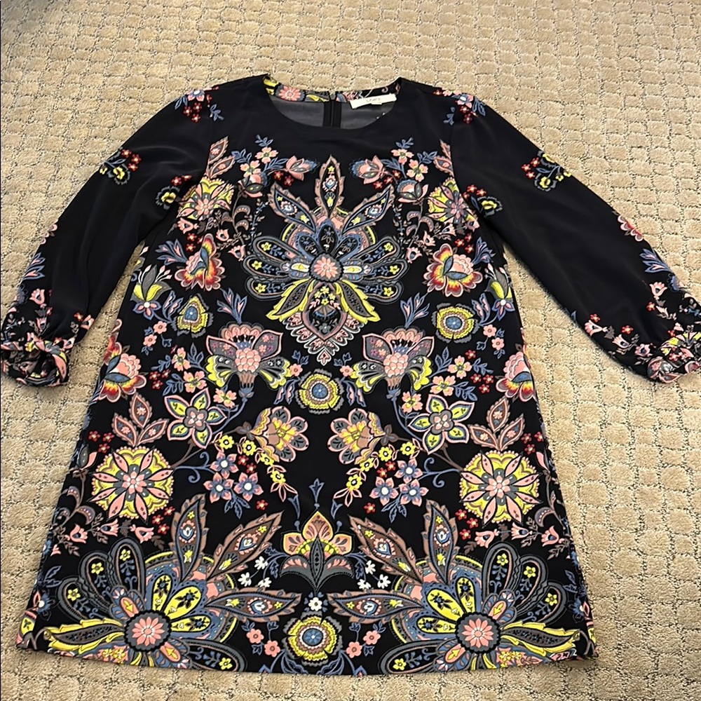 LOFT Pink and Yellow A-line Dress with Bishop Sleeves